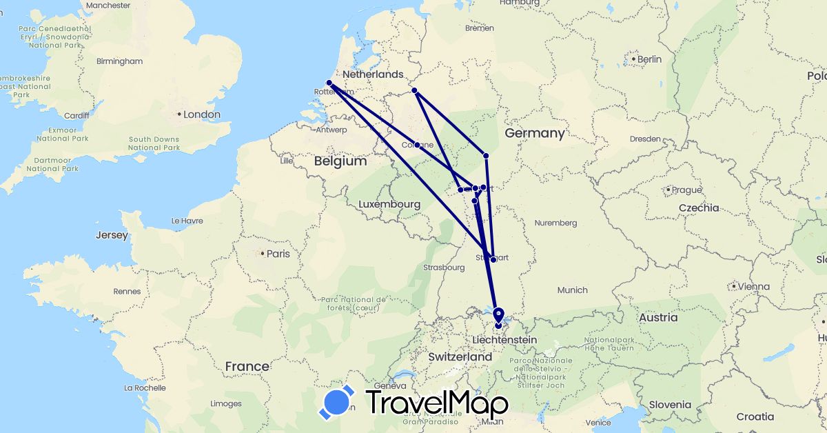 TravelMap itinerary: driving in Switzerland, Germany, Netherlands (Europe)